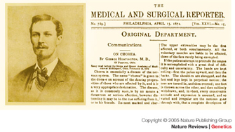 A sepia-toned photograph shows the physician George Huntington. A printed article from the Medical and Surgical Reporter is shown beside the photograph. The article is dated April 13, 1892.